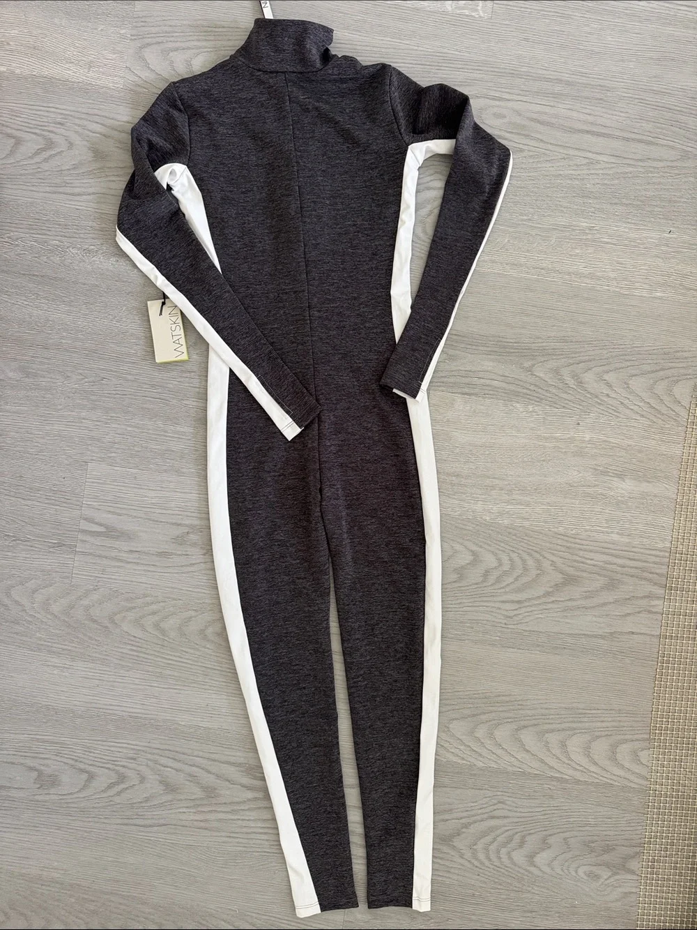 Watskin grey bathing suit with White Stripe Trim